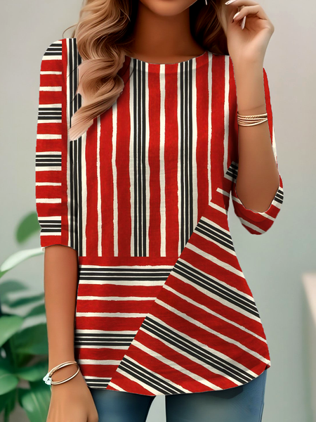 

Casual Striped Crew Neck Long Sleeve T-shirt, Red, T-shirts