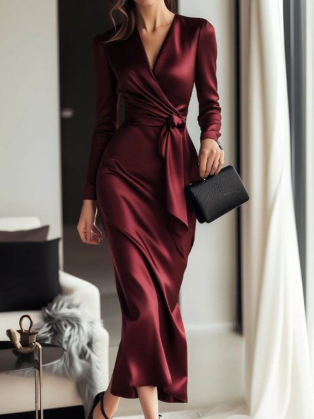 

Elegant Plain Cross Neck Midi Dress With Belt, Red, Midi Dresses