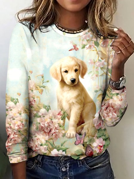 

Vintage Dog Art Pattern Crew Neck Long Sleeve T-shirt, Apricot, T-shirts