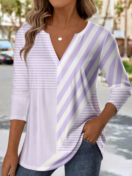 

V Neck Long Sleeve Striped Regular Medium Elasticity Loose Blouse For Women, Purple, T-shirts