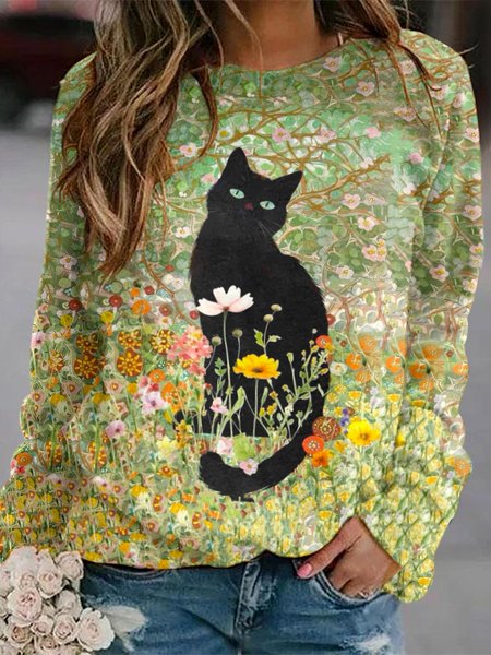 

Casual Cat Art Pattern Long Sleeve Comfy Sweatshirt, Lightgreen, Hoodies & Sweatshirts