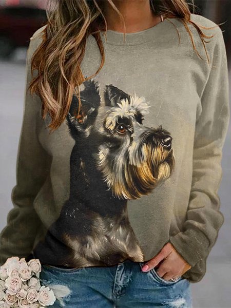

Casual Dog Art Pattern Long Sleeve Comfy Sweatshirt, Khaki, Hoodies & Sweatshirts