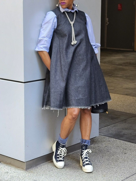 

Casual Plain Sleeveless Knee Length Denim Dress With No Shirt, Denim blue, Midi Dresses
