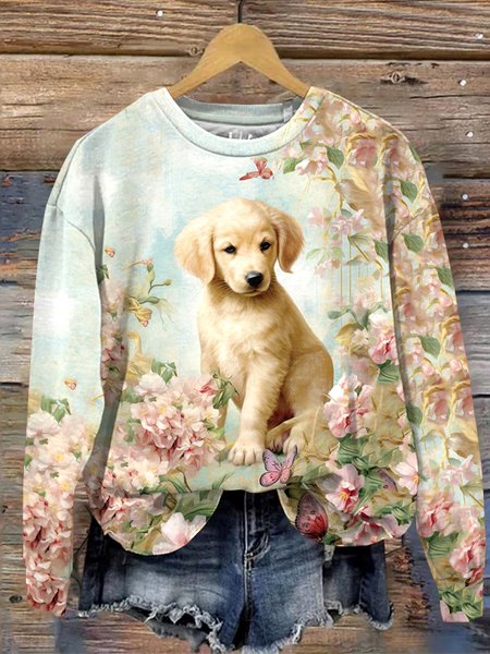 

Casual Dog Art Pattern Long Sleeve Comfy Sweatshirt, Lightgreen, Hoodies & Sweatshirts