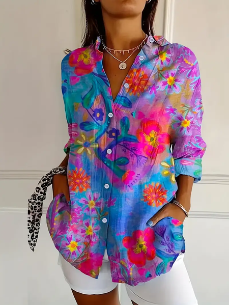 

Shirt Collar Regular Sleeve Long Sleeve Floral Buckle Regular Loose Button Up Shirt Shirt For Women, As picture, Shirts
