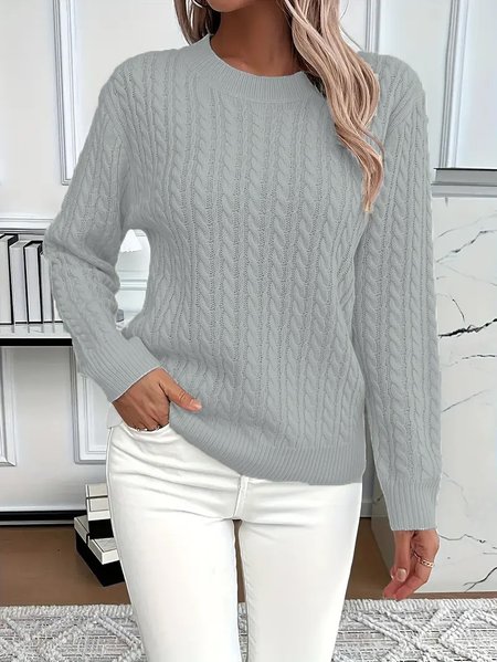 

Women Plain Spring/Fall Casual Long Sleeve Crew Neck Cotton Sweater, Light gray, Sweaters