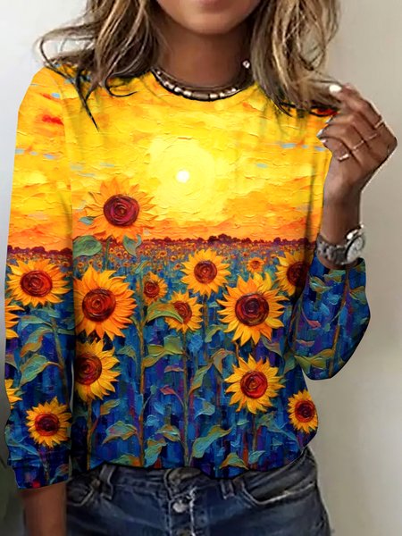 

Vintage Sunflower Art Pattern Crew Neck Long Sleeve T-shirt, Yellow, T-shirts