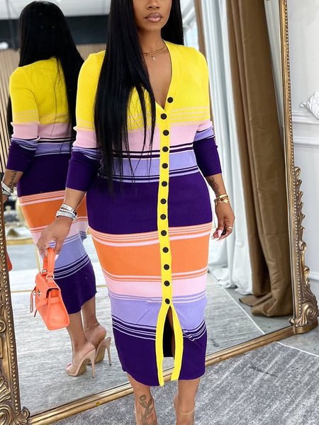 

Elegant Colorblock V Neck Midi Sweater Dress, As picture, Midi Dresses