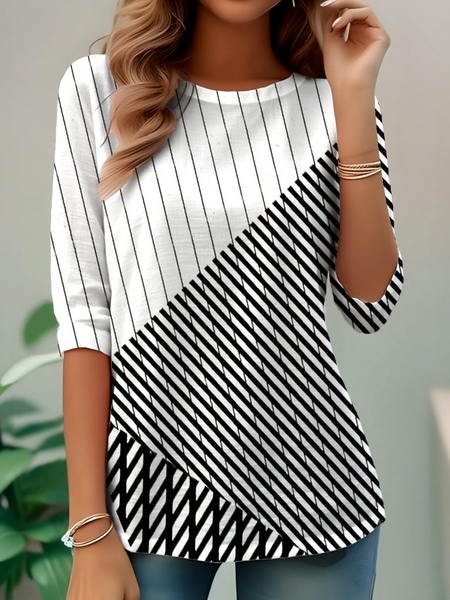 

Casual Striped Crew Neck Long Sleeve T-shirt, Black-white, T-shirts