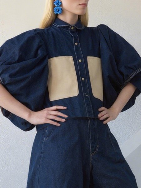 

Casual Color Block Ruched Shirt Collar Balloon Sleeve Denim Shirt, Denim blue, Tops