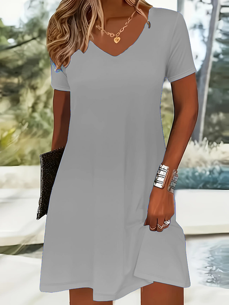 

Women's V-Neck Short Sleeve Dress, Gray, Midi Dresses
