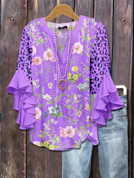 

Women Floral Half Sleeve Shirt Summer Printing V Neck Daily Casual Top, Purple, Shirts