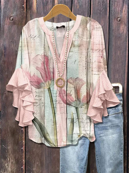 

Women Floral Half Sleeve Shirt Summer Printing V Neck Daily Casual Top, Pink, Shirts