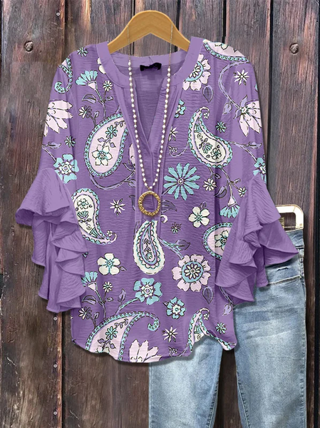

Women Floral Half Sleeve Shirt Summer Printing V Neck Daily Casual Top, Purple, Shirts