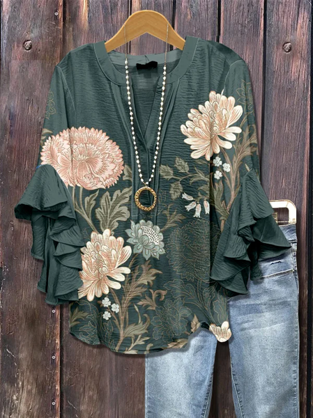 

Women Floral Half Sleeve Shirt Summer Printing V Neck Daily Casual Top, Green, Shirts