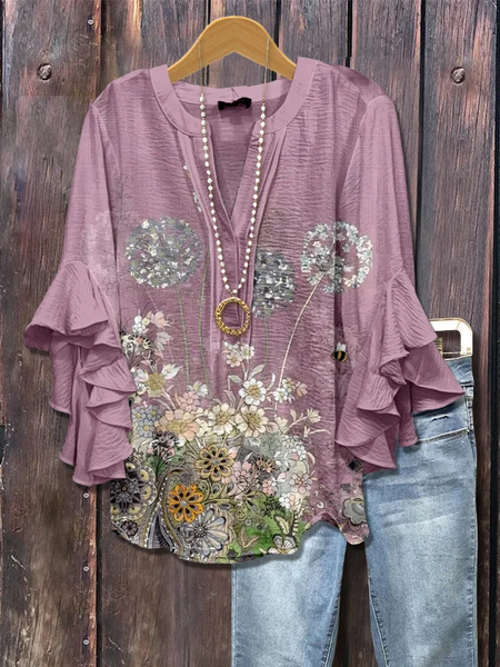 

Women Floral Half Sleeve Shirt Summer Printing V Neck Daily Casual Top, Purple, Shirts