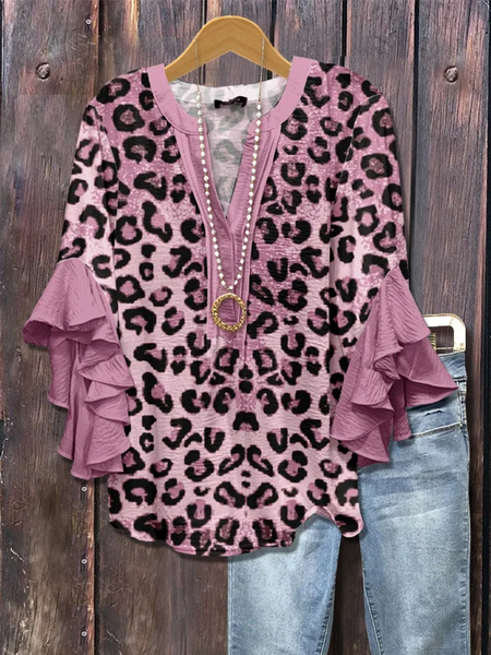 

Women Leopard Half Sleeve Shirt Summer Printing V Neck Daily Casual Top, Purple, Shirts