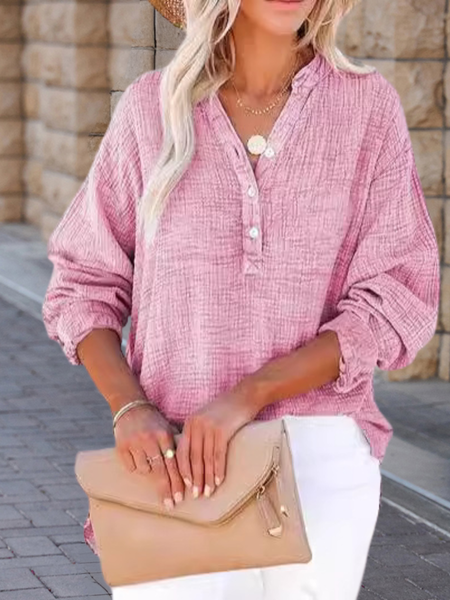 

Women Plain Long Sleeve Shirt Spring/Fall Split Joint V Neck Daily Casual Top, Pink, Blouses