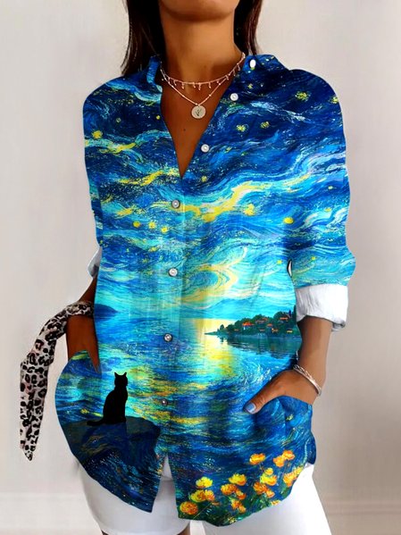 

V Neck Long Sleeve Geometric Regular Micro-Elasticity Regular Fit Shirt For Women, Aqua blue, Shirts