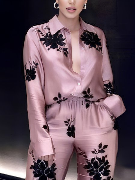 

Urban Floral Printing Shirt Collar Shirt, Pink, Blouses and Shirts