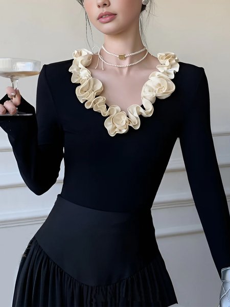 

Elegant Color Block Peplum Lotus Leaf Collar T-shirt, Black, Tees