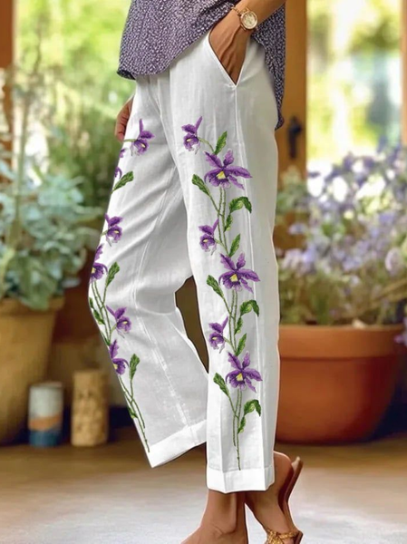 

Women Floral Long Pants Casual Spring/Fall Trousers, White, Pants