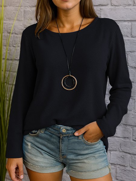 

Casual Plain Crew Neck Long Sleeve T-shirt, Black, T-shirts