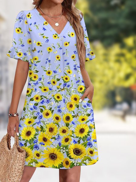 

Women Plain Summer Dress V Neck Short Sleeve Fit & Flare Dress A-Line Dress, Sky blue, Midi
