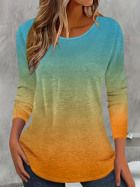 

Casual Ombre Crew Neck Long Sleeve T-shirt, As picture, T-shirts