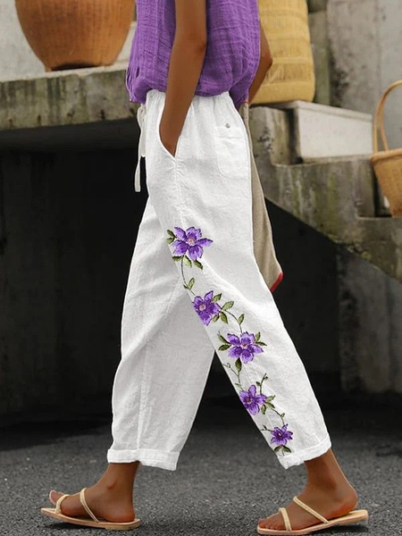 

Women's H-Line Baggy Pants Daily Going Out Pants White Casual Printing Floral Spring/Fall Pants, Pants