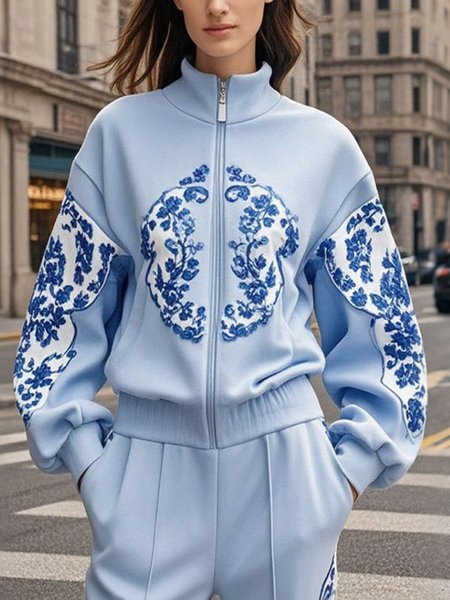 

Casual Printing Random Print Mock Neck Jacket, Blue, Jackets