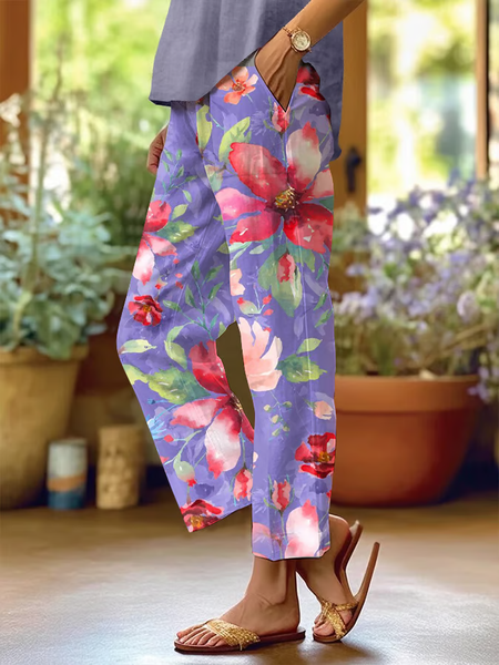 

Women Floral Long Pants Casual Spring/Fall Trousers, Purple, Pants