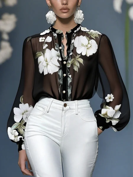 

Elegant Floral Printing Stand Collar Balloon Sleeve Chiffon Blouse, Black, Blouses and Shirts