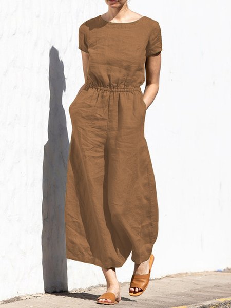 

Casual Regular Sleeve Plain Crew Neck Jumpsuit, Camel, Suits