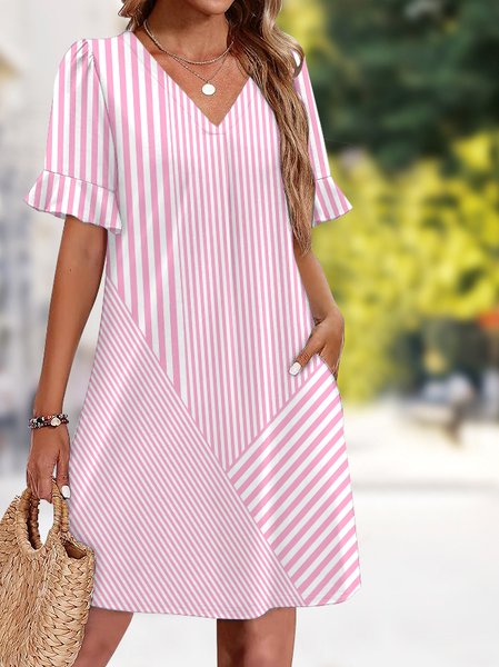 

Women Plain Summer Dress V Neck Short Sleeve Fit & Flare Dress A-Line Dress, Pink, Midi