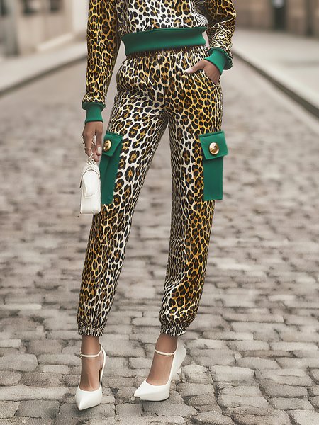 

Casual Leopard Buttoned Ankle Banded Pants, Pants