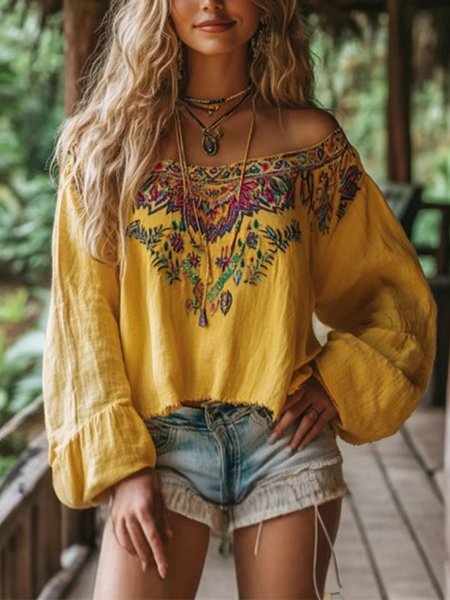

Cold Shoulder Balloon Sleeve Long Sleeve Floral Pullover Printing Lightweight Loose Blouse For Women, As picture, Blouses