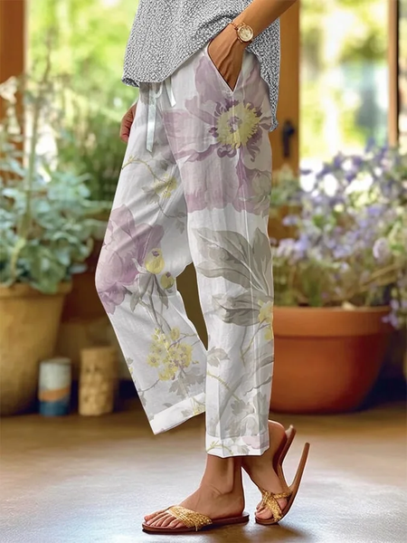 

Women Floral Long Pants Casual Spring/Fall Trousers, White, Pants