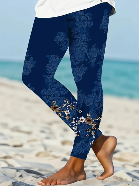 

Women Floral Casual All Season Printing Long Leggings, Purplish blue, Leggings