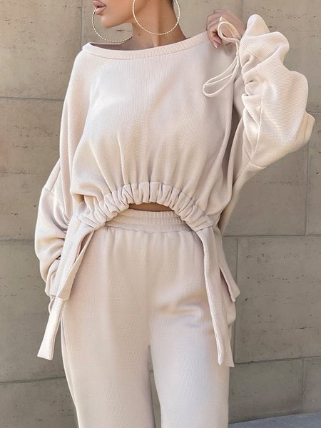 

Casual Plain Drawstring Crew Neck Sweatshirt, Apricot, Hoodies and Sweatshirts