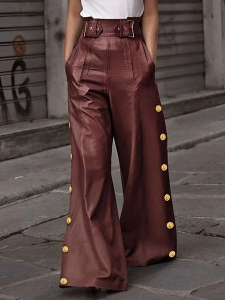

Urban Plain Buttoned Faux Leather Wide Leg Pants, Wine red, Leather Pants