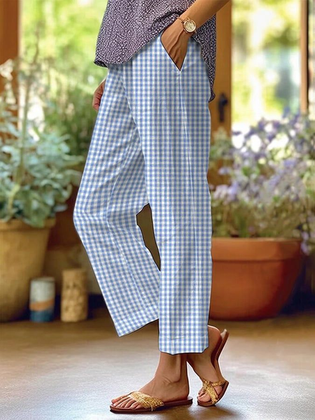 

Women Plaid Long Pants Casual Spring/Fall Trousers, Blue, Pants