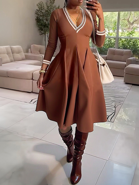 

Casual Color Block V Neck Knee Length Dress, Brown, Midi Dresses
