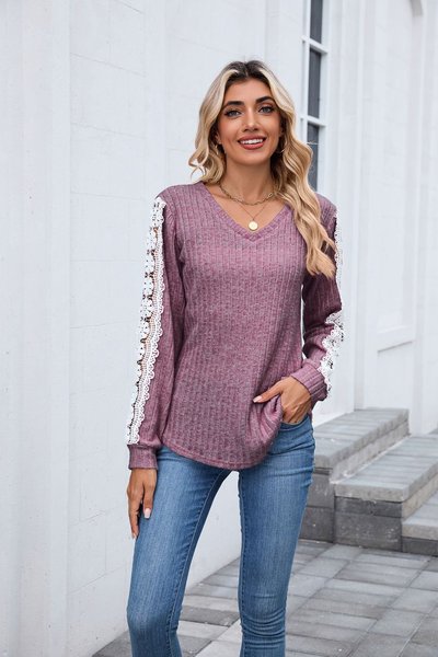 

Casual Plain V Neck Long Sleeve T-shirt, Burgundy, T-shirts