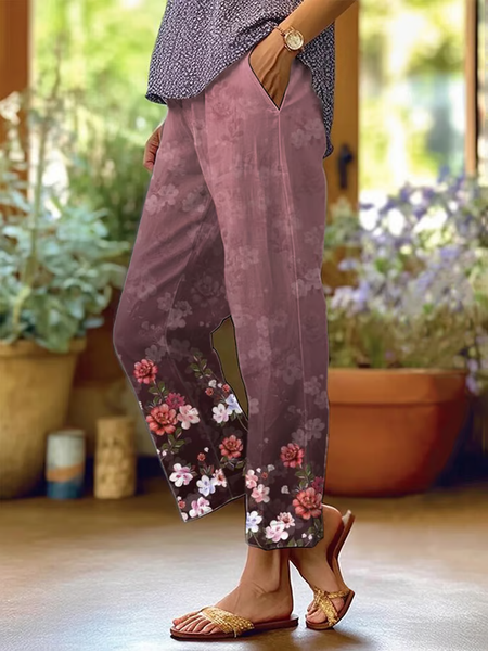 

Women Floral Long Pants Casual Spring/Fall Trousers, Deep pink, Pants