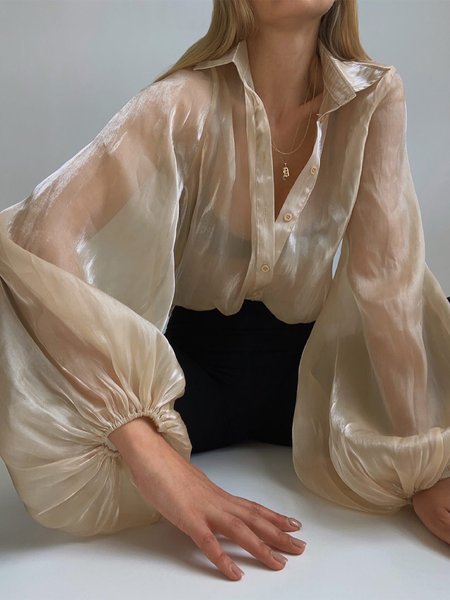 

Elegant Plain Shirt Collar Balloon Sleeve Shirt, Khaki, Blouses and Shirts