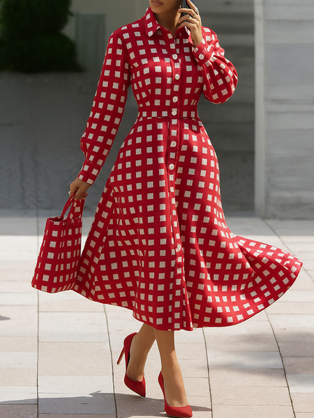 

Urban Plaid Printing Midi Dress, Red, Midi Dresses