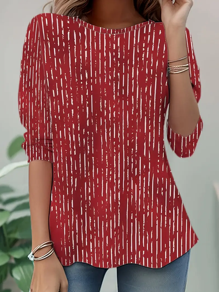

Casual Abstract Stripes Crew Neck Long Sleeve T-shirt, Red, T-shirts