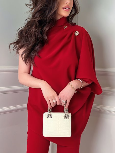

Elegant Plain Buttoned Raglan Sleeve Blouse, Red, Blouses and Shirts