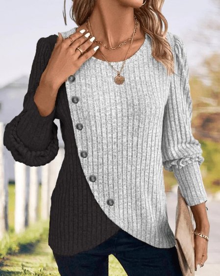 

Slim Fit Round Neck Color Matching Ribbed Cross Hem Long Sleeve Spring And Autumn Knitted Commuter T-Shirt Top, Light gray, Sweaters